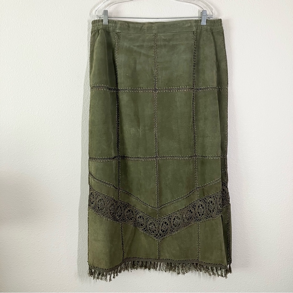 VINTAGE Suede Jacket & Skirt Set Crochet Western Cowgirl Boho Olive Green 2X - Picture 6 of 16